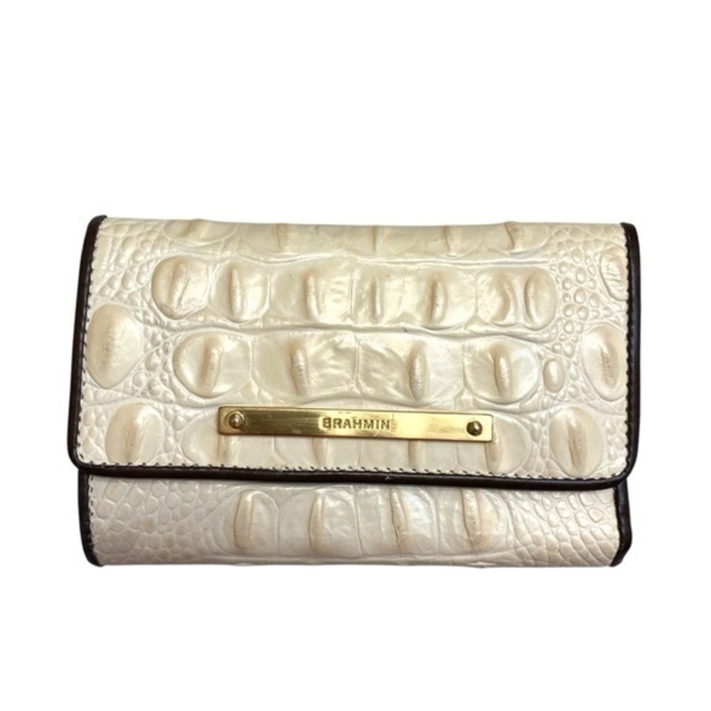 Brahmin cream embossed leather compact wallet with brown leather trim